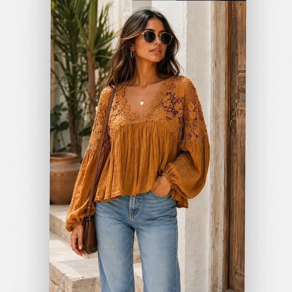 Free People Lina Lace Top Bronze XS Crochet Boho Romantic Long Sleeve Blouse